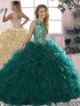 Low Price Peacock Green Scoop Lace Up Beading and Ruffles Quinceanera Gown Sleeveless