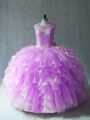 Lilac Organza Lace Up 15th Birthday Dress Sleeveless Floor Length Beading and Ruffles