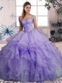 Custom Fit Organza Off The Shoulder Sleeveless Lace Up Beading and Ruffles Quinceanera Dress in Lavender
