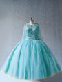 Popular Floor Length Aqua Blue Quinceanera Gown Scoop Long Sleeves Lace Up
