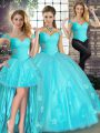Tulle Sleeveless Floor Length Ball Gown Prom Dress and Beading and Appliques