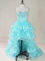 New Arrival Sleeveless High Low Beading and Lace and Ruffled Layers Lace Up Prom Dress with Aqua Blue