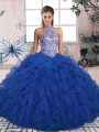 Floor Length Lace Up Quince Ball Gowns Blue for Military Ball and Sweet 16 and Quinceanera with Beading and Ruffles