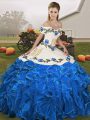 Blue And White Vestidos de Quinceanera Military Ball and Sweet 16 and Quinceanera with Embroidery and Ruffles Off The Shoulder Sleeveless Lace Up