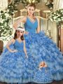 Blue Backless V-neck Ruffled Layers and Ruching Quinceanera Dresses Organza Sleeveless