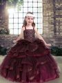 Excellent Burgundy Ball Gowns Tulle Straps Sleeveless Beading and Ruffles Floor Length Lace Up Pageant Dress for Womens