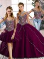 Best Selling Cap Sleeves Tulle Brush Train Lace Up Quinceanera Dress in Purple with Beading