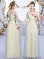 Super Champagne Empire Tulle Off The Shoulder 3 4 Length Sleeve Lace and Bowknot Floor Length Lace Up Dama Dress