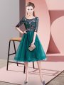 Half Sleeves Tulle Knee Length Lace Up Dama Dress in Teal with Embroidery