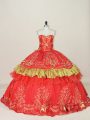 Embroidery and Bowknot Ball Gown Prom Dress Red Lace Up Sleeveless Floor Length
