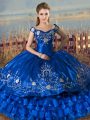 Off The Shoulder Sleeveless Lace Up Quinceanera Dress Royal Blue Satin and Organza