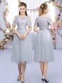 Tea Length Grey Quinceanera Court of Honor Dress Tulle Sleeveless Lace and Belt