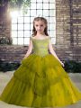 Elegant Olive Green Little Girl Pageant Gowns Party and Wedding Party with Beading and Appliques Off The Shoulder Sleeveless Lace Up