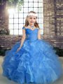 Blue Ball Gowns Beading and Ruching Little Girl Pageant Dress Lace Up Organza Sleeveless Floor Length