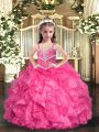 Sleeveless Organza Floor Length Lace Up Little Girls Pageant Gowns in Hot Pink with Beading and Ruffles