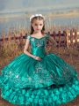 Turquoise Ball Gowns Satin and Organza Off The Shoulder Sleeveless Embroidery and Ruffled Layers Floor Length Lace Up Pageant Gowns For Girls