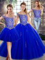 Off The Shoulder Sleeveless Sweet 16 Quinceanera Dress Floor Length Beading Royal Blue Tulle