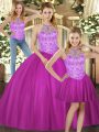 Halter Top Sleeveless Vestidos de Quinceanera Floor Length Beading Fuchsia Tulle