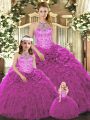 Luxury Floor Length Lace Up Sweet 16 Quinceanera Dress Fuchsia for Military Ball and Sweet 16 and Quinceanera with Beading and Ruffles