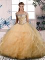 Luxurious Gold Sleeveless Floor Length Beading and Ruffles Lace Up Quinceanera Dresses