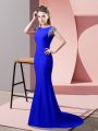Elastic Woven Satin High-neck Short Sleeves Brush Train Backless Beading Evening Dress in Royal Blue