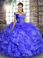 Discount Organza Off The Shoulder Sleeveless Lace Up Beading and Ruffles Quinceanera Dress in Lavender