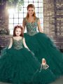 Stylish Peacock Green Tulle Lace Up Vestidos de Quinceanera Sleeveless Floor Length Beading and Ruffles