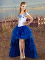 Fabulous Blue And White Sleeveless High Low Embroidery Lace Up Prom Dresses