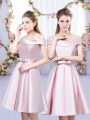 Custom Fit Mini Length Lace Up Bridesmaid Gown Baby Pink for Wedding Party with Bowknot