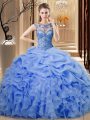 Super Blue Sleeveless Beading and Ruffles Floor Length Quince Ball Gowns