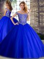 Brush Train Ball Gowns Quinceanera Dress Royal Blue Off The Shoulder Tulle Sleeveless Lace Up