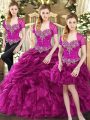 Floor Length Lace Up Sweet 16 Dress Fuchsia for Military Ball and Sweet 16 and Quinceanera with Beading and Ruffles and Pick Ups