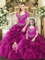 Fuchsia Lace Up Vestidos de Quinceanera Beading and Ruffles and Pick Ups Sleeveless Floor Length
