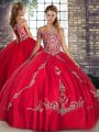 Enchanting Red Ball Gown Prom Dress Military Ball and Sweet 16 and Quinceanera with Beading and Embroidery Off The Shoulder Sleeveless Lace Up