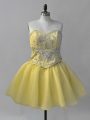 Yellow Sleeveless Mini Length Beading Lace Up Prom Dresses
