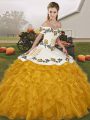Gold Organza Lace Up Off The Shoulder Sleeveless Floor Length Vestidos de Quinceanera Embroidery and Ruffles