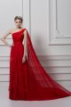 One Shoulder Sleeveless Watteau Train Lace Up Homecoming Dress Red Chiffon and Tulle