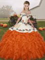 On Sale Orange Red Organza Lace Up Sweet 16 Quinceanera Dress Sleeveless Floor Length Embroidery and Ruffles