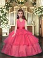 Eye-catching Coral Red Ball Gowns Halter Top Sleeveless Organza Floor Length Lace Up Ruffled Layers Little Girls Pageant Gowns