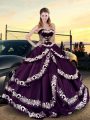 Deluxe Purple Satin and Silk Like Satin Lace Up Sweetheart Sleeveless Floor Length Quince Ball Gowns Embroidery and Ruffled Layers