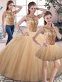 Artistic Scoop Sleeveless Lace Up Quince Ball Gowns Gold Tulle