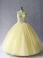 Light Yellow Ball Gowns Scoop Sleeveless Tulle Floor Length Lace Up Beading Ball Gown Prom Dress