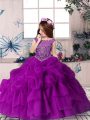 Beauteous Floor Length Purple Kids Pageant Dress Organza Sleeveless Beading and Pick Ups