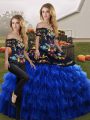 Embroidery and Ruffled Layers Sweet 16 Dresses Blue And Black Lace Up Sleeveless Floor Length