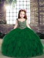 Fancy Sleeveless Tulle Floor Length Lace Up Little Girls Pageant Gowns in Dark Green with Beading and Ruffles