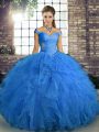 Ball Gowns Quinceanera Gowns Blue Off The Shoulder Tulle Sleeveless Floor Length Lace Up