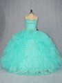 Super Aqua Blue Sleeveless Floor Length Beading and Appliques Lace Up Quinceanera Gown