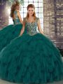 Dramatic Peacock Green Sweet 16 Dress Military Ball and Sweet 16 and Quinceanera with Beading and Ruffles Straps Sleeveless Lace Up