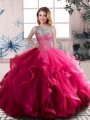 Sleeveless Floor Length Beading and Ruffles Lace Up Quinceanera Gown with Fuchsia