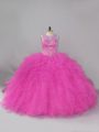 Glittering Sleeveless Beading and Ruffles Lace Up Quince Ball Gowns with Fuchsia
